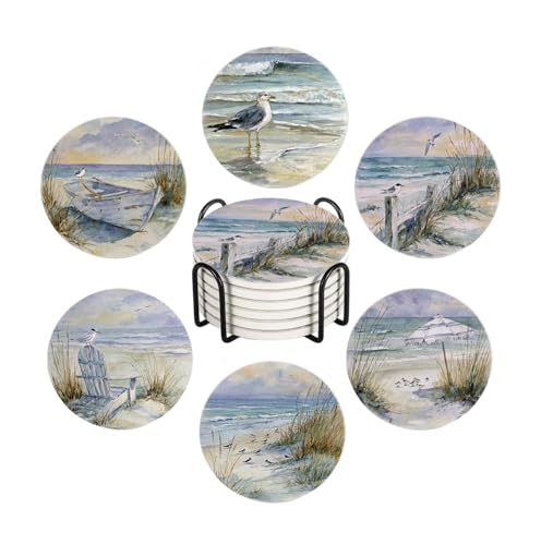 6Pcs Drink Coasters with Holder, Watercolor Ocean Coastal on the Beach Absorbent Ceramic Drink Coaster with Cork Base, Home Bar Table & Office Decor House Warming Gift - color: Coastal