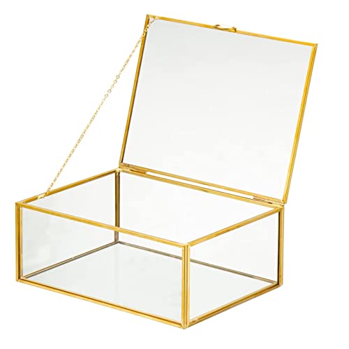 Vintage Glass Jewelry Box Keepsake Box with Hinged Lid, Clear Rectangle Storage Box Great for Storage Trinket/Jewelry/Card/Photo,Gift for Birthday Wedding -GCB005-Middle - color: Glod / Transparent, size: Middle