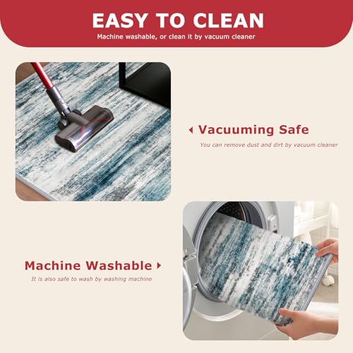KOZYFLY Modern Hallway Runner Rug 2x5 Washable Kitchen Runner Rugs Blue | Non-Slip, Non-Shedding, Low Pile Soft, Abstract Striped, For Hall Entryway Bathroom Laundry Bedroom Foyer - color: Blue, size: 2' x 5' (Runner)