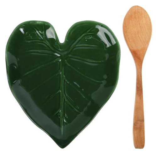 Monstera Leaf Spoon Rest - Cute Green Leaf Ceramic Countertop Holder with Wooden Spoon, Practical Utensil Rest for Stove Top Home Kitchen Decor - color: Monstera Leaf