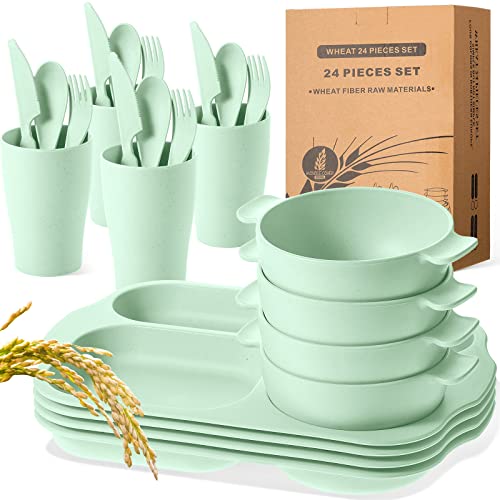 Honoson 24 Pcs Wheat Straw Dinnerware Cutlery Set, Service for 4, Unbreakable Plates and Bowls Set - Divided Plates, Bowls, Spoons, Forks & Knives, Microwave & Dishwasher Safe(Green) - color: Green