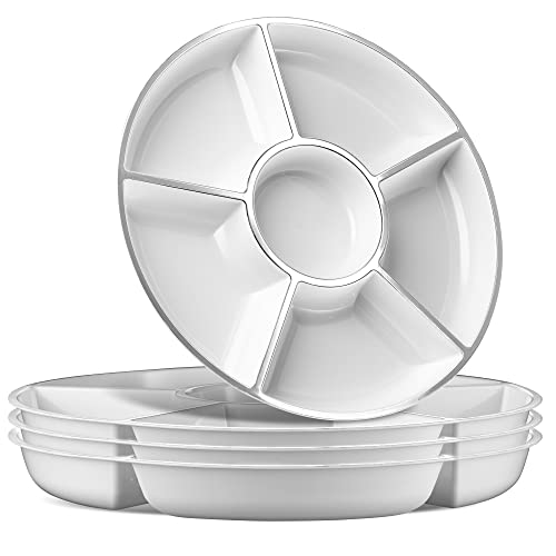 6 Sectional Round Plastic Serving Tray/Platters White W Silver Rim 4 Pack - color: White & Silver