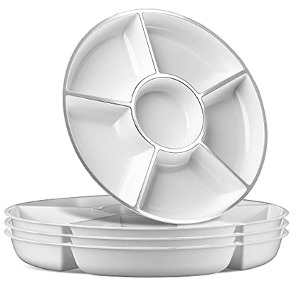 6 Sectional Round Plastic Serving Tray/Platters White W Silver Rim 4 Pack - color: White & Silver