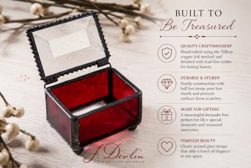 J Devlin Red Glass Ring Box Small Keepsake Trinket Box Beveled Lid | Small red glass ring box with beveled lid for rings earrings charms and treasured keepsakes - color: Red