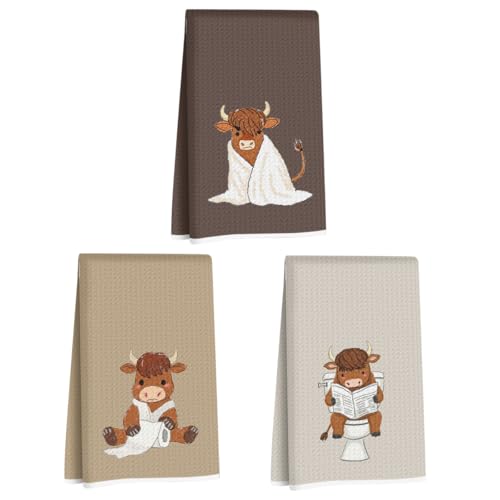 3 Pcs Funny Highland Cow Hand Towels, Cow Farmhouse Decorative Dish Towels | Waffle Dish Towels for Bathroom Kitchen Decor Country Farm Highland Holiday Housewarming Gifts - color: Multi 1438