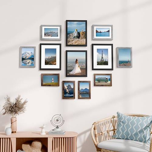 Vittanly 12 Pack Gallery Wall Frame Set, Black, Brown, Grey | Gallery Wall Frame Set: 4pcs 8x10, 4pcs 5x7 & 4pcs 4x6 Photos for Wall & Table, Picture Frames made of Engineered Wood - color: Black & Brown & Grey