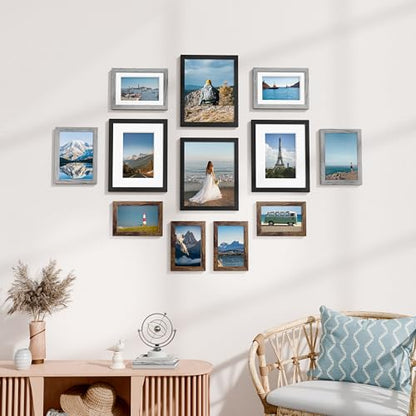 Vittanly 12 Pack Gallery Wall Frame Set, Black, Brown, Grey | Gallery Wall Frame Set: 4pcs 8x10, 4pcs 5x7 & 4pcs 4x6 Photos for Wall & Table, Picture Frames made of Engineered Wood - color: Black & Brown & Grey