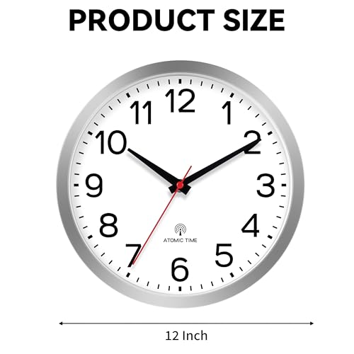 AKCISOT 12 Inch Wall Clock, Silent Battery Operated Analog Clock, Silver | Atomic | Office | Kitchen | Living Room | Classroom | Easy-to-read Numbers - color: Atomic_silver White, size: 12 Inch