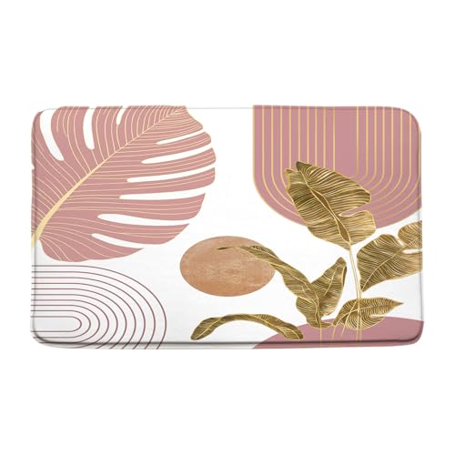 Mid Century Leaves Bath Mat Abstract Modern Plant Geometric Leaf Arch Sun Minimalist Neutral Pink Bathroom Floor Bathtub Bath Rug，19.7x31.5 Inch - color: Pink, size: 1'8" x 2'8" (Rectangular)