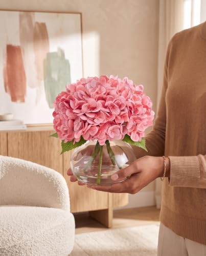 Hydrangea Artificial Flowers with Vase, Real Touch Latex, Pink | Lifelike Faux Water, Nearly Natural Leaves, Durable & Fade-Resistant, Home Office Table Centerpiece Decor - color: Pink