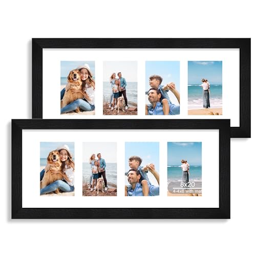 Hongkee 8x20 Picture Frame Set of 2, Rustic Black Wood Frame with Tempered Glass Collage Frame, Display Pictures Four 4x6 With Mat or 8 x 20 Without Mat - Horizontal or Vertical Wall Mounting - color: Rustic Black, size: 8x20 in matted to 4-4x6