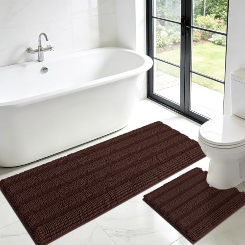 Striped Brown Toilet Bathroom Rug Mat Set 2 piece Rug Ultra Soft, Non Slip Chenille Bath Rugs, Absorbent Plush Shaggy Bath Mats for Bathroom, Bedroom, Kitchen, Shower, Tub - color: Brown, size: U Shape 2'x1'8"+4'x1'8"