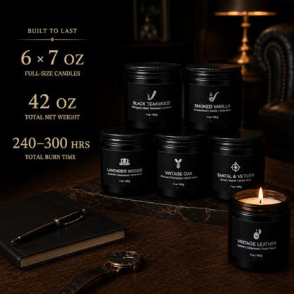 Scented Candles for Men, 6 Masculine Scents Set, 7 oz Each | 200H Burn Time, Woody Manly Gift Set, 7% Oil - size: 6 Pack - New Aroma