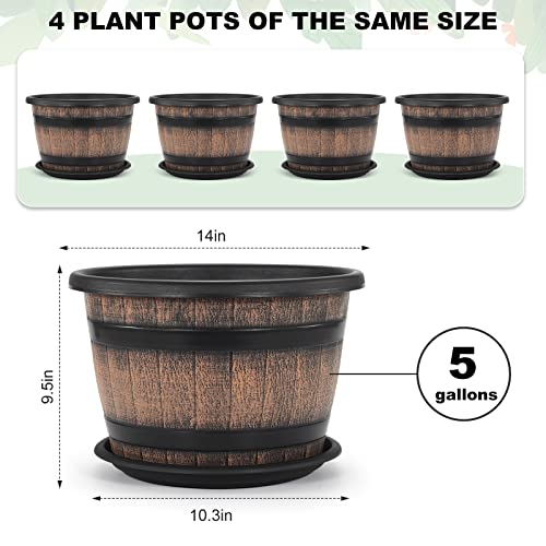Quarut Large Plastic 4 Pack14 inch Plant Pots,Whiskey Barrel Planters with Drainage Holes & Saucer.Flower Pots Imitation Wine Barrel Design for Indoor & Outdoor Garden Balcony Plants.5 Gallons(Brown) - size: 14 inches