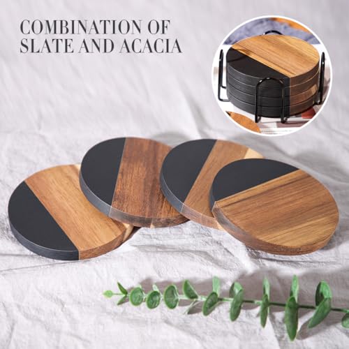 WLWNWFT Black Marble Acacia Wood Drinks Coasters Set of 4 with Holder, Modern Rustic Wooden Coasters for Drinks Coffee Table Dining Table Desk Christmas Housewarming Home Office