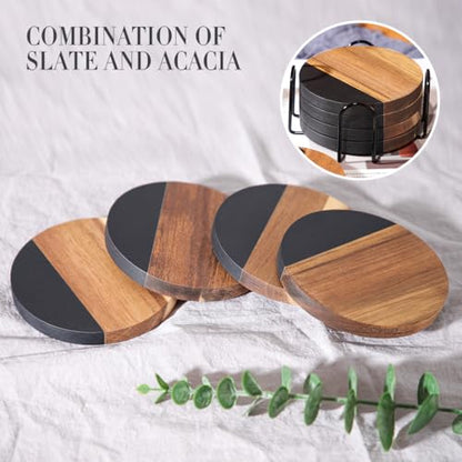 WLWNWFT Black Marble Acacia Wood Drinks Coasters Set of 4 with Holder, Modern Rustic Wooden Coasters for Drinks Coffee Table Dining Table Desk Christmas Housewarming Home Office