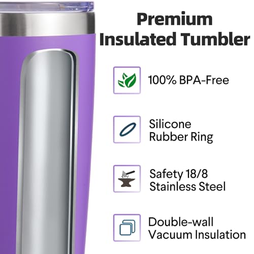 Volhoply 20oz Stainless Steel Tumbler with Lid and Straw Bulk 4 Pack,Double Wall Insulated Travel Iced Coffee Mug Fits Cup Holder,Powder Coated Cups for Hot/Cold Drinks,Gifts for Women（Purple,4 Set） - color: Purple