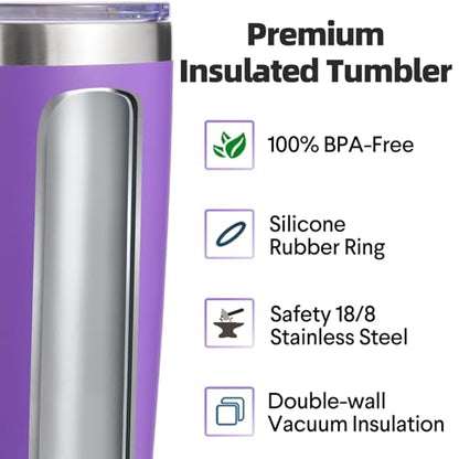 Volhoply 20oz Stainless Steel Tumbler with Lid and Straw Bulk 4 Pack,Double Wall Insulated Travel Iced Coffee Mug Fits Cup Holder,Powder Coated Cups for Hot/Cold Drinks,Gifts for Women（Purple,4 Set） - color: Purple