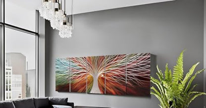 Yihui Arts Abstract Metal Wall Art - Tree Of Life Hand Crafted 5 Pieces Panels Large Big Unique 3D Aluminum Modern Contemporary Home Accent - color: A Red, size: 64"L x 24"W