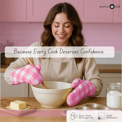 Native Fab Buffalo Plaid Check Oven Mitts and Pot Holders Set of 4, 100% Cotton Heat Resistant Kitchen Gloves, 2 Oven Mitts (7x13), 2 Pot Holders (8x8) for Cooking & Baking, Pink White - color: Buffalo, Rose Pink