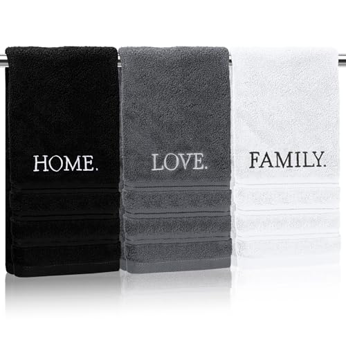 3 Pcs Bathroom Towels Decorative Set, Bathroom Decor Towels, Farmhouse Decorative Hand Towel, Embroidered 100% Cotton, Black Decoratives Towel for Bathrooms Boho Decor (Home Love Family)
