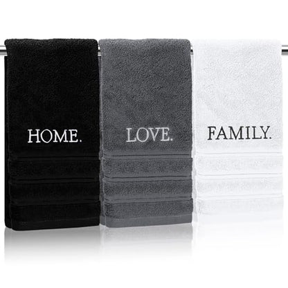 3 Pcs Bathroom Towels Decorative Set, Bathroom Decor Towels, Farmhouse Decorative Hand Towel, Embroidered 100% Cotton, Black Decoratives Towel for Bathrooms Boho Decor (Home Love Family)