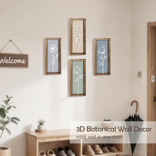 3D Wooden Floral Wall Art Decor, 4PCS 7 x 16 Inch Wood Framed Wall Art for Bathroom Living Room Bedroom Office, Rustic Farmhouse Boho Botanical Minimalist Flower Wall Hanging Decor