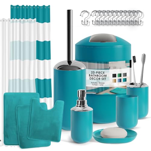 Clara Clark Bathroom Set - Teal Bathroom Accessories Set, Bathroom Sets with Shower Curtain and Rugs, 23PC Shower Curtain Set with Liner, Soap Dispenser, Soap Dish, Toilet Brush Holder, and Trash Can - color: Teal, size: Complete Set + Bath Rugs