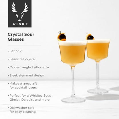 Viski Raye Sour Glasses, Whiskey Sour Glasses, Stemmed Cocktail Glasses, Crystal Cocktail Glassware 7.5oz Set of 2 - style: Whiskey Sour Glasses