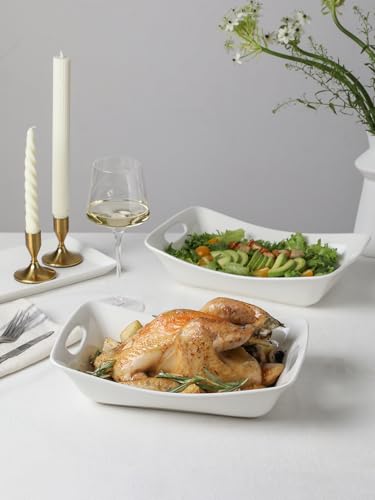 Kanwone Large Serving Bowls with Handles, White Serving Dishes For Entertaining, 1.8 Quarts Porcelain Bowl Set for Turkey, Fruit, Salad, Rectangle Serving Platter for Parites, Thanksgiving, Set of 2