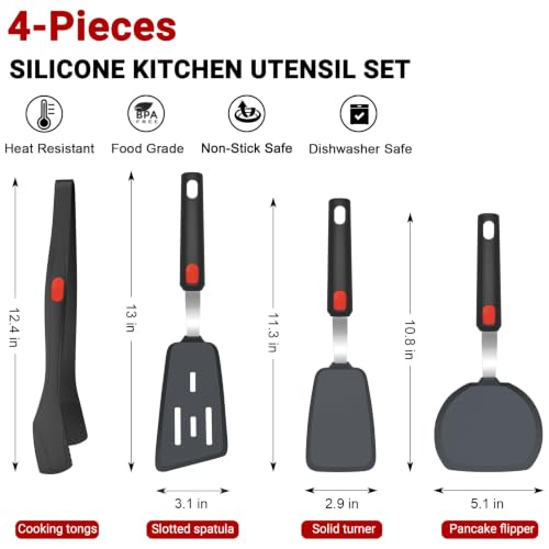 Beijiyi 4-Piece Silicone Spatula Turner and Tongs Set, 600°F Heat Resistant | BPA Free, Nonstick Cookware & Ceramic Pan Safe, Flexible for Cooking, Flipping, Non-Toxic Kitchen Utensils, Dishwasher Safe