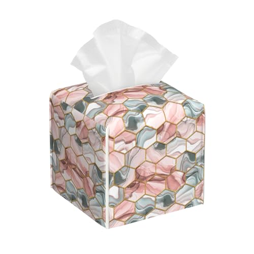 Abstract Geometric Square Tissue Box Cover Pink and Gray Hexagon Tissue Box Holder Facial Cube Paper Dispenser Leather Decorative Organizer Home Office Desk Decor, 5.2"x5.2"x5.2" - color: Pink and Gray Hexagon