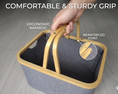 Bamboo Storage Basket with Handles, 45L Large Open-Top Fabric Organizer Bin for Blankets, Toys, Towels and Closet Shelves, Gray, 16.5 x 13.6 x 12.2 In