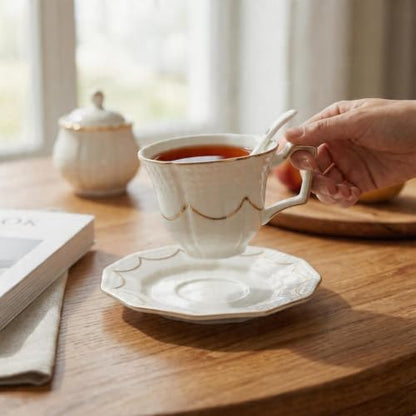 Tea Cup and Saucer Set for 1, Ceramic, White, 6.8 Oz | Coffee Cup with Saucer and Spoon, Elegant Design, 3D relief patterns, Gold Trim, Protective Packaging, Ideal for Gift - color: Modern