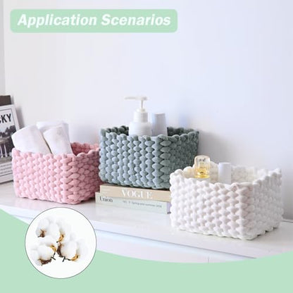 hand-knitted velvet rope storage basket set of 3 - soft cotton rope desktop cosmetics organizer box - nesting multi-functional storage basket (white) - color: White