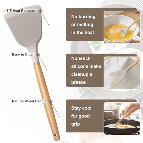 E-far Silicone Kitchen Utensils Set with Holder, 25-Piece Cooking Utensil Set with Wooden Handle for Nonstick Cookware, 446°F Heat Resistant Kitchen Tool Spatula Tong Whisk, Non-toxic & Healthy, Khaki - color: Khaki, size: 25