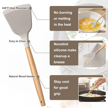 E-far Silicone Cooking Utensils Set, 10-Piece Heat Resistant Kitchen Utensils Set with Wooden Handle for Nonstick Cookware, Kitchen Nonstick Tools Spatula Whisk Tongs Ladle, Non-toxic & Healthy(Khaki) - color: Khaki, size: 10