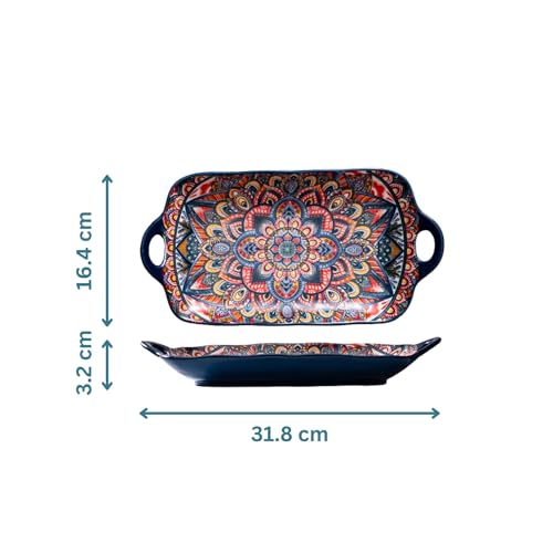 Serving Tray with Handles Rectangular Serving Platter Ceramic Extra Large Plates & Dishes Rectangle (Blue Garden) - color: Blue Garden