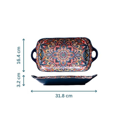 Serving Tray with Handles Rectangular Serving Platter Ceramic Extra Large Plates & Dishes Rectangle (Blue Garden) - color: Blue Garden