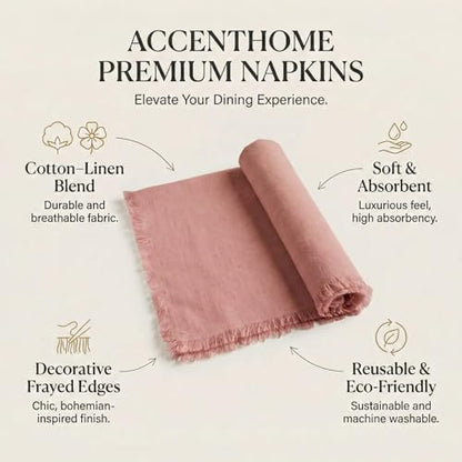 ACCENTHOME Blush Cotton Linen Napkin Set of 6 18x18 inch Dinner Napkins - Washable Soft Premium Hotel Quality Reusable Napkins Perfect Table Napkins for Family Dinners, Weddings & Everyday Use | Cotton Linen Blend Napkins, Machine Wash On Gentle Cycle, Ec