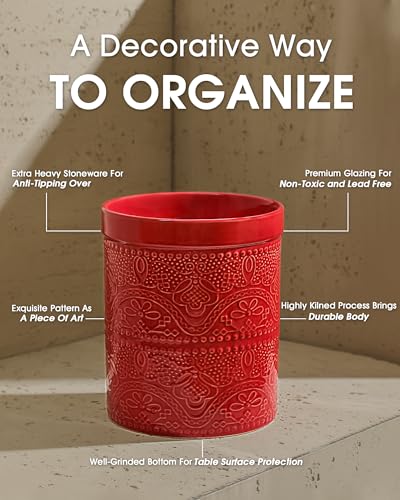 Kitchen Utensil Holder, 7.2" Super Large Utensil Crock Heavy and Stable Lace Emboss Ceramic Utensil Holder for Kitchen Counter (Christmas Red) - color: Christmas Red