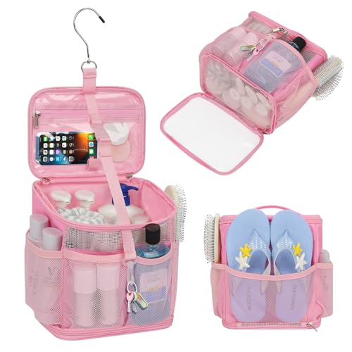 CUBETASTIC Shower Caddy Portable Mesh Shower Tote for Bathroom, Gym, Travel, Camping - Quick Dry Hanging Organizer Toiletry Bag with Handle for College Dorm Room, Men & Women - color: A# Pink, size: Standard