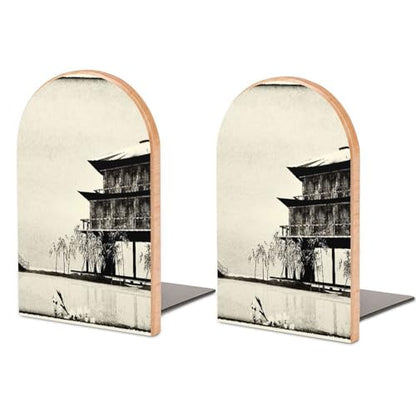 Heavy Duty Non-Slip Beech Wood Bookends, 1 Pair Adjustable Book Ends with Metal Base, Sturdy Book Organizer for Shelves, Home Office Library Tree and Mountain in Fog - color: Tree and Mountain in Fog