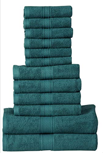Hillfair 12-Piece 600 GSM Cotton Bath Towel Set - Hotel Spa Towels: 2 Bath, 4 Hand, 6 Washcloths - Absorbent, Super Soft - Teal - color: Teal, size: 12 Piece Towel Set