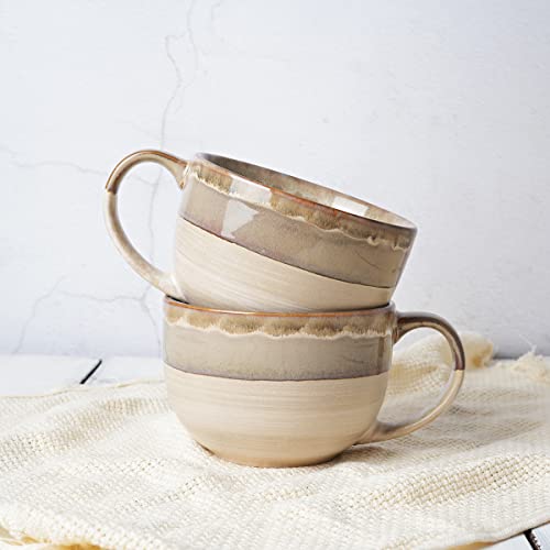 Ceramic Jumbo Coffee Mug Set of 2, 23 Oz, Large Mug Soup Bowls with Handles, Dishwasher and Microwave Safe (Brown Grey) - color: Brown Grey