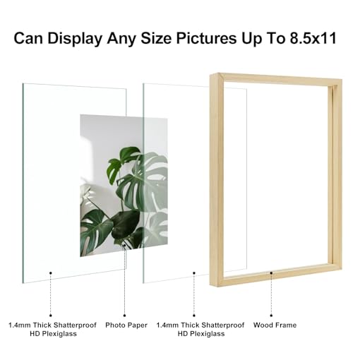 Egofine 8.5x11 Floating Frames Set of 2, Double Plexiglass Picture Frame, Made of Solid Wood Display Any Size Photo up to 8.5x11, Wall Mount or Tabletop Standing, Natural Wood - color: Natural Wood, size: 8.5x11