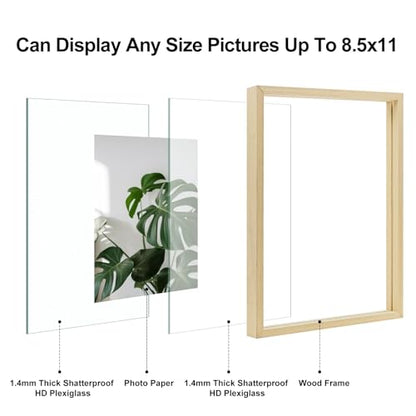 Egofine 8.5x11 Floating Frames Set of 2, Double Plexiglass Picture Frame, Made of Solid Wood Display Any Size Photo up to 8.5x11, Wall Mount or Tabletop Standing, Natural Wood - color: Natural Wood, size: 8.5x11