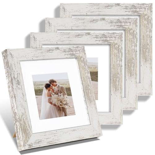 Hongkee 6x6 Picture Frame Set of 4, Made of Glass and Distressed White Wooden Frame - Display Picture 4x4 with Mat or 6 x 6 Without Mat, 6x6 Photo for Wall or Tabletop - color: Distressed White, size: 6x6 in