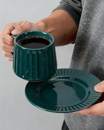 Ceramic Cup and Saucer Set,11.5 oz Coffee Cups with Saucers Modern Porcelain Espresso & Tea Cup Set,Dishwasher & Microwave Safe,for Home & Entertaining (Dark Green) - color: Dark Green Mug