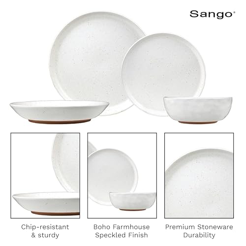 Sango 16-Piece Boho Farmhouse Stoneware Dinnerware Set for 4, Semi-Matte White Plates and Bowls Sets with Rustic Speckled Glaze, Ceramic Dish Set, Modern Dishes, Microwave & Dishwasher Safe, Kaya - color: White